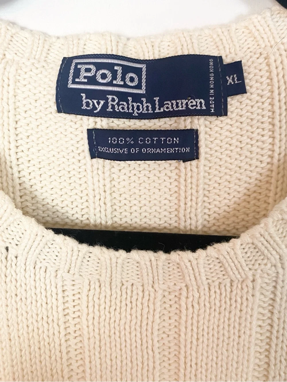 VTG 90s Polo Ralph Lauren Rib Knit Sweater Elbow & Shoulder Patches Cream XL EUC